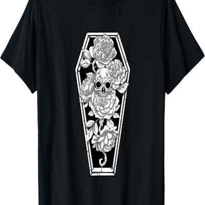 Gothic Skull and Rose Shirt Spooky Halloween Coffin Occult T-Shirt