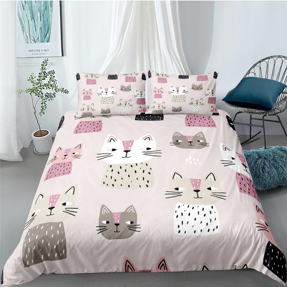 Classic Modern Cartoon Cat for Kids Girl Polyester Kitten 2 3pcs Animal Single Twin Queen King Quilt