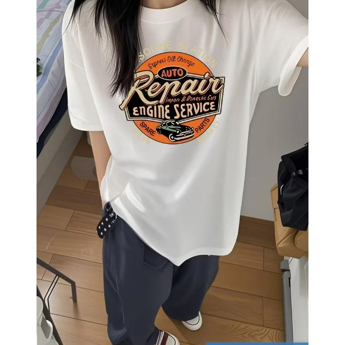 

Popular letter car harbor style printing short-sleeved women s summer new loose crew neck top M
