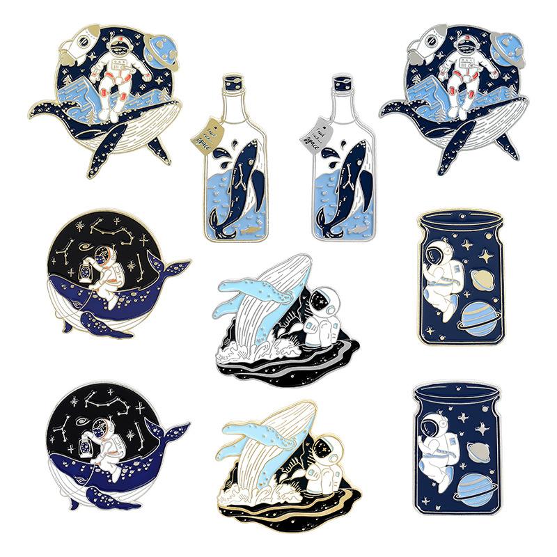 Whale Astronaut Drifting Bottle Metal Design Badges Brooch Enamel Pins Label Bag Backpack Jewelry Boy Girl Gift
