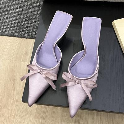 Spring Summer Silk Butterfly-knot Women's Slippers Sandals Pointed Toe High Heel Pumps Ladies Stripper Mules Shoe