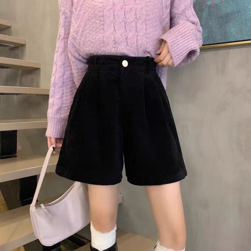 Women's A-Line Black-Coffee Corduroy Shorts with Sweatshirt, 2025 Spring/Autumn New Style, Casual Wide-Leg Design