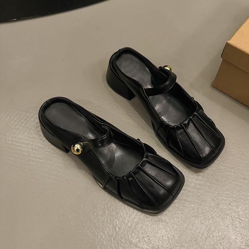 Spring New Brand Women Slipper Fashion Pleated Round Toe Slip on Mules Shoes Round Toe Outdoor Dress Sandal Shoes