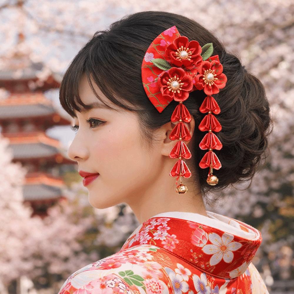 Sakura Tassel Fan Hairpin Tassels Kimono Hair Clip All-match Japanese Kimono Headwear  Girls