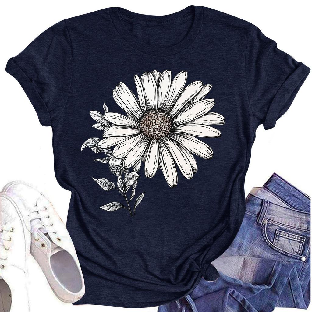 Lässiges T-Shirt für Damen mit Rundhalsausschnitt, Blumendruck, kurzärmelig