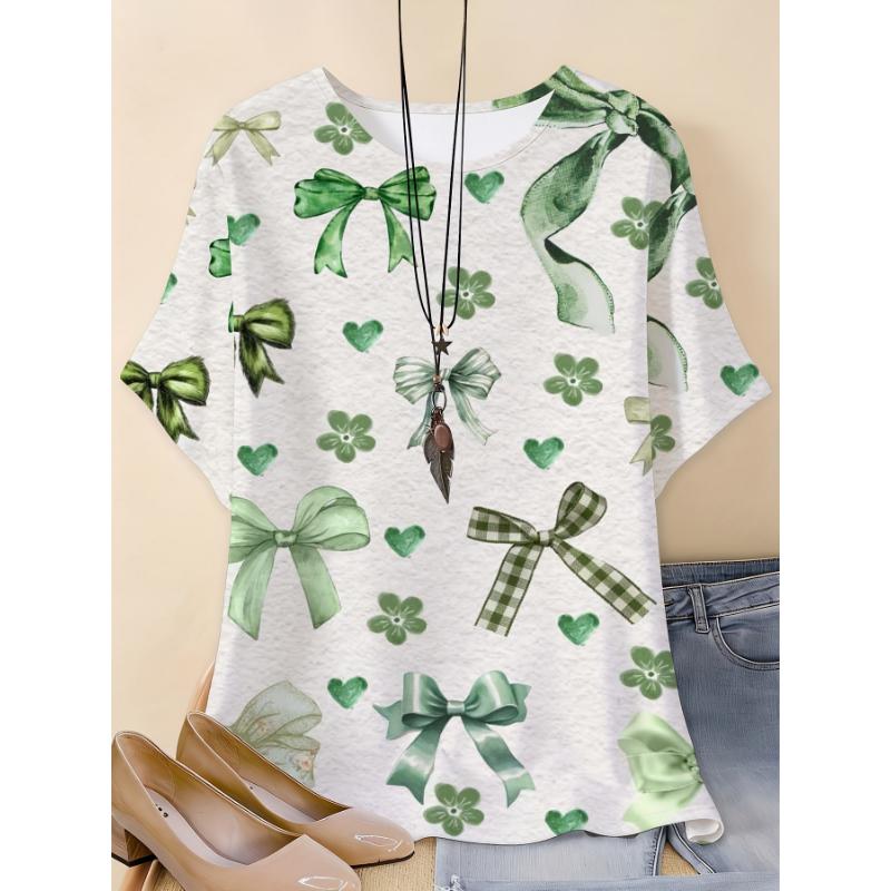 Fashion Women's Crew Neck Short Sleeve 3D Four Leaf Clover Color Printed Four Leaf Clover Short Sleeve Crew Neck T-Shirt