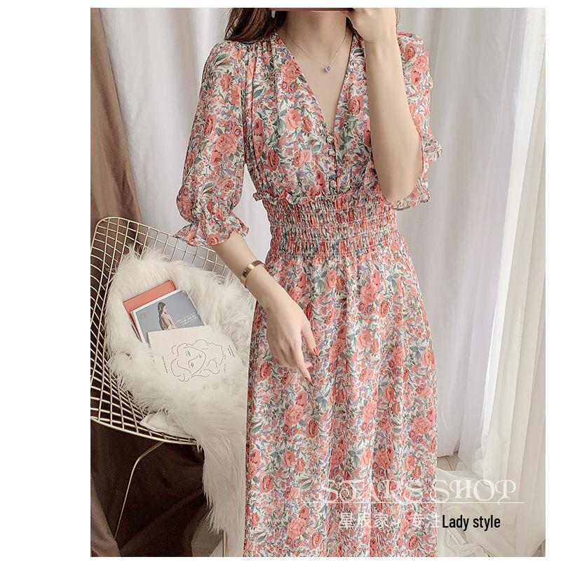 Květinové šaty s výstřihem do V, zeštíhlující pas, francouzský retro styl, 2024