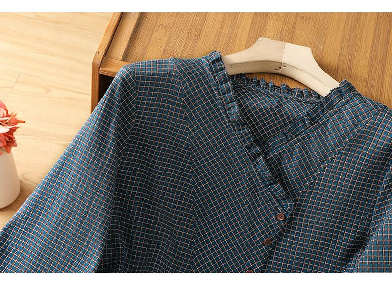 Women's Blue Cotton Plaid Long Sleeve Shirt - Stylish Autumn 2026
