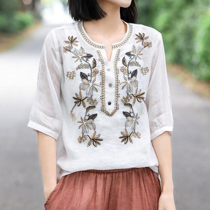 Women's Fashion Embroidery Spliced Solid Color V-Neck Shirt Summer Female Clothing New Vintage Loose Casual Half Sleeve Blouse