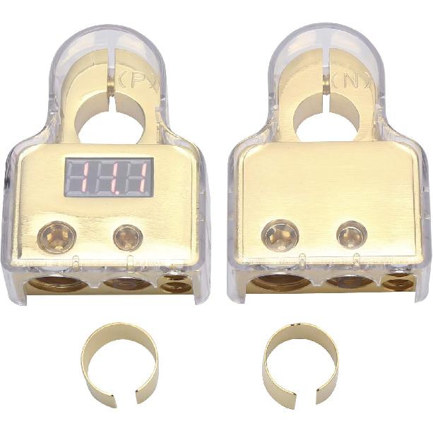 Autobatterie-Polklemmen-Set mit Digitalvoltmeter Standard 0/4/8/10 AWG-Lehre A (Gold)