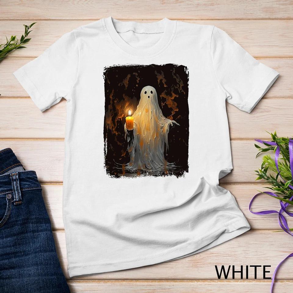 Cute Ghost Holding Candle Funny Halloween Gothic Vintage T-Shirt Unisex T-shirt 12 S
