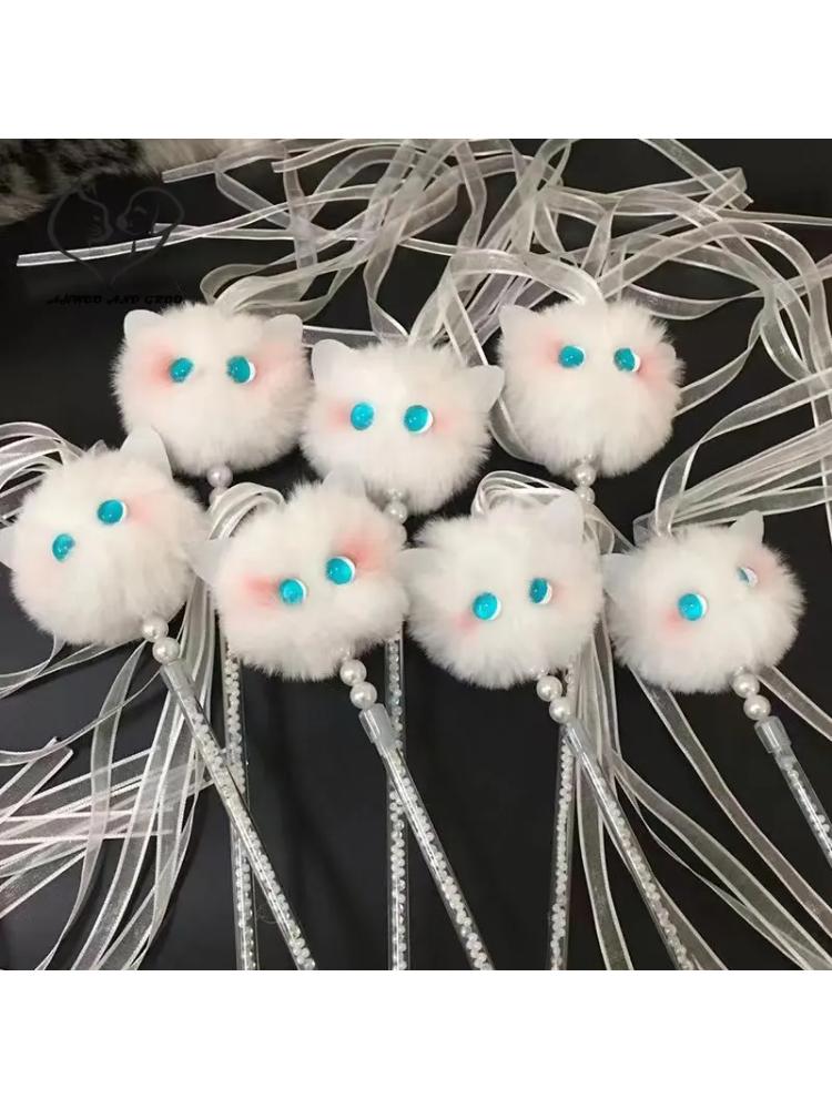 Giocattoli Interattivi Divertenti per Gatti Kawaii Peluche Nappa Bianca Campanellino Bacchetta Giocattolo per Gatti Giocattoli Bacchetta Nastro Stimolante Giocattoli per Gattini Giocattoli per Gatti