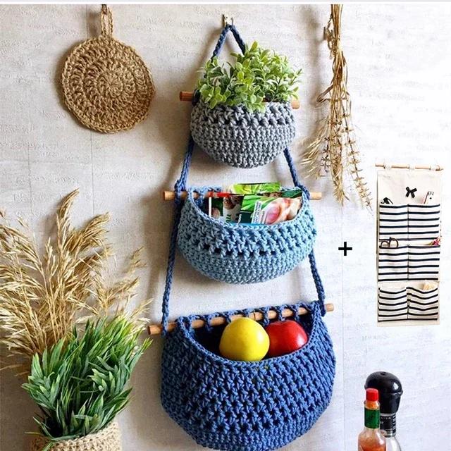 

3 Pack 3 Tier INS Macrame Hanging Baskets Handmade Woven Wall Bag Kitchen Wall Mount Fruit Storage Household Food Organizer Rack синий
