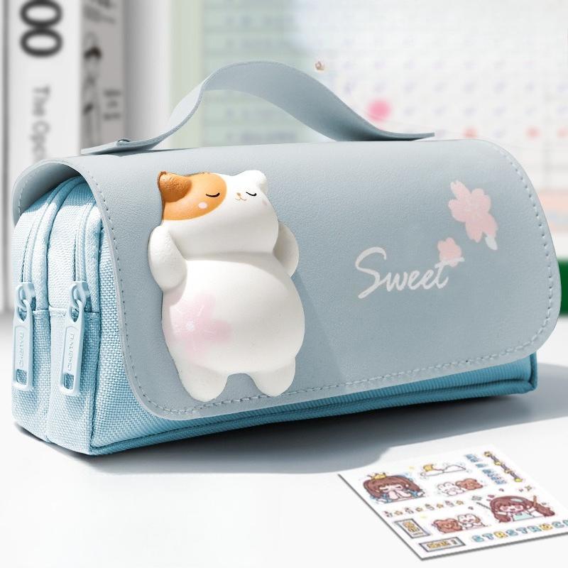 1Pc Cute Cat Decompression Pencil Case Big Pencil Box Portable Girls Pen Bag Double Layer School Pouch Kawaii Stationery