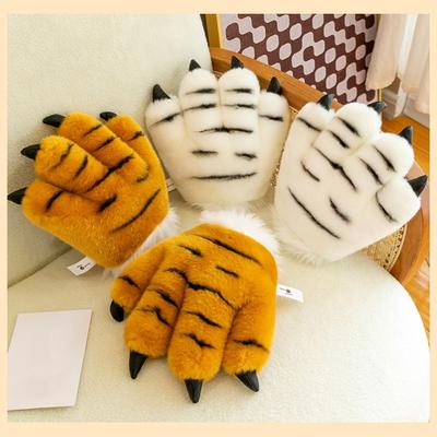 Fluffy Texture Plush Gloves Striped Design Costume Mittens  Cosplay Costume Accessories