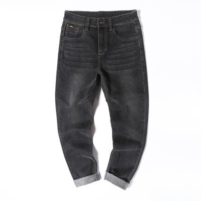 2024 Men'S Washed Black Zipper Open Top Casual Pants, Plus Size Micro Elastic Cotton Mid Waist Regular Jeans