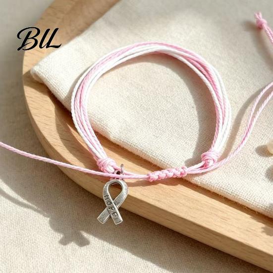 Adjustable Braided Bracelet Breast Cancer Awareness for Women, Woven String with Lightweight Daily Wear Wristband Ribbon Charm, Handmade Rope Survivor