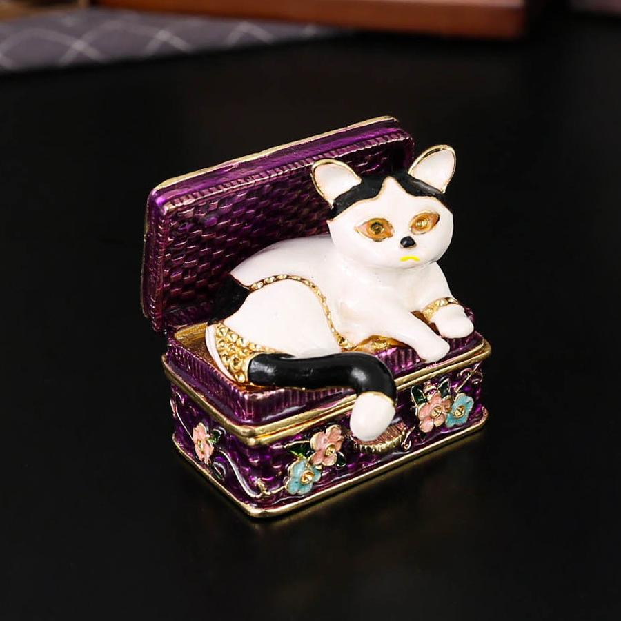 Baifenbai Home Furnishing Women's Vintage Box Cat Jewelry Box Cute Exquisite Small Jewelry Box Table Ornament Flap Anti-Oxidation Storage Box