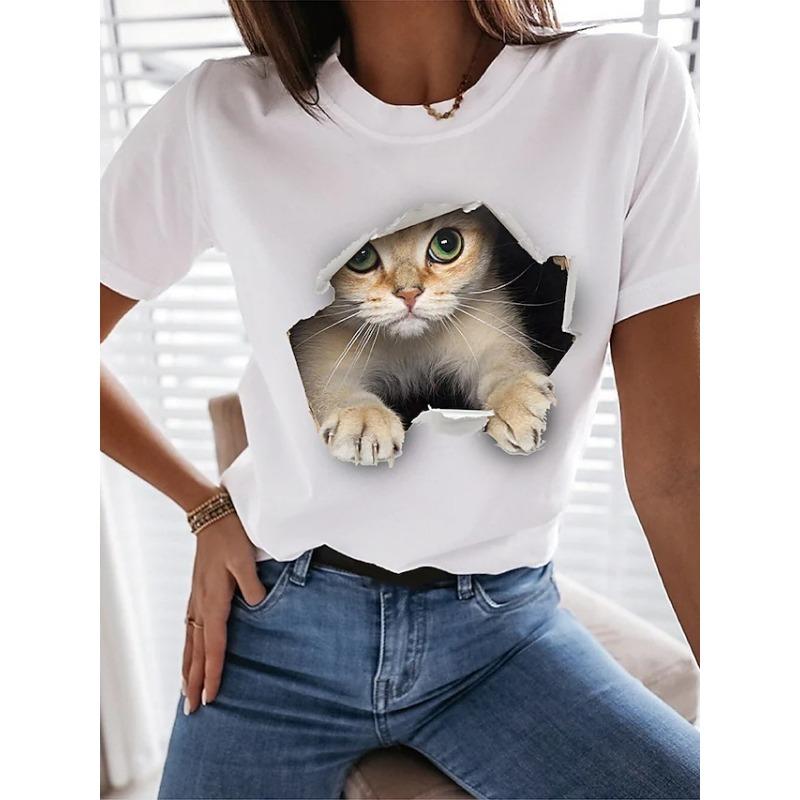 Summer Cute Kitten T-Shirts Kawaii Cat 3D Print Women's Round-Neck Short Sleeve T Shirt Harajuku Tees Y2k Tops Female Clothing