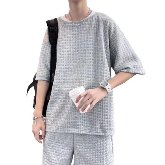 

2 шт./компл. мужской наряд из вафельной ткани, однотонный спортивный костюм с круглым вырезом и коротким рукавом, шорты на шнурке, комплект повседневной спортивной одежды M серый