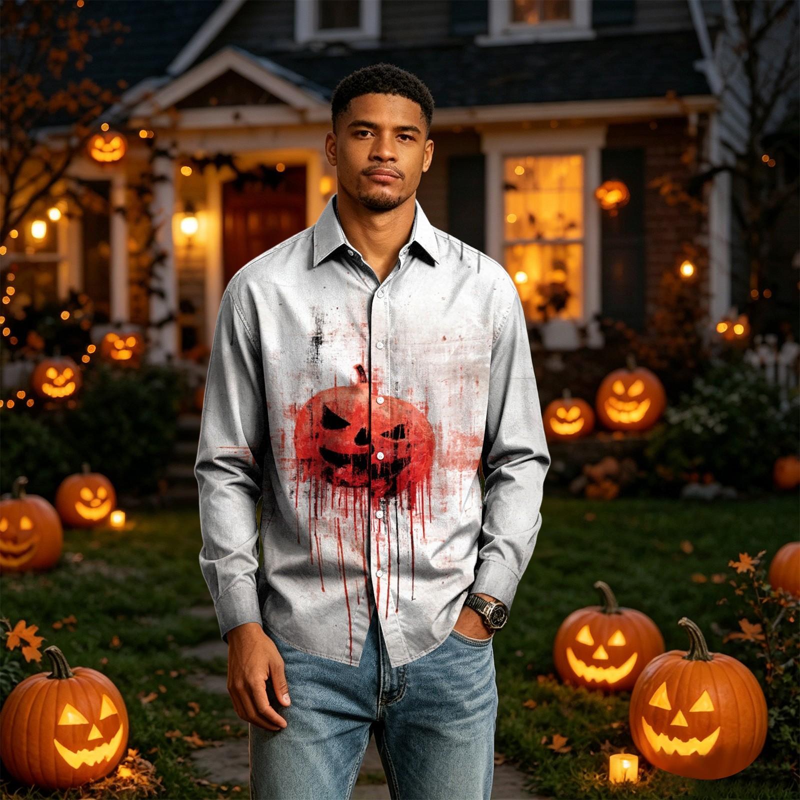 Men s Long Sleeve Halloween Printed Button Down Shirt XL белый