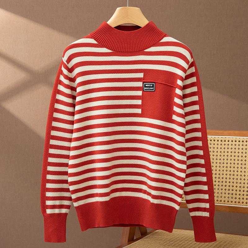 2025 Women’s Korean Style Striped Half High Neck Knitted Pullover Sweater