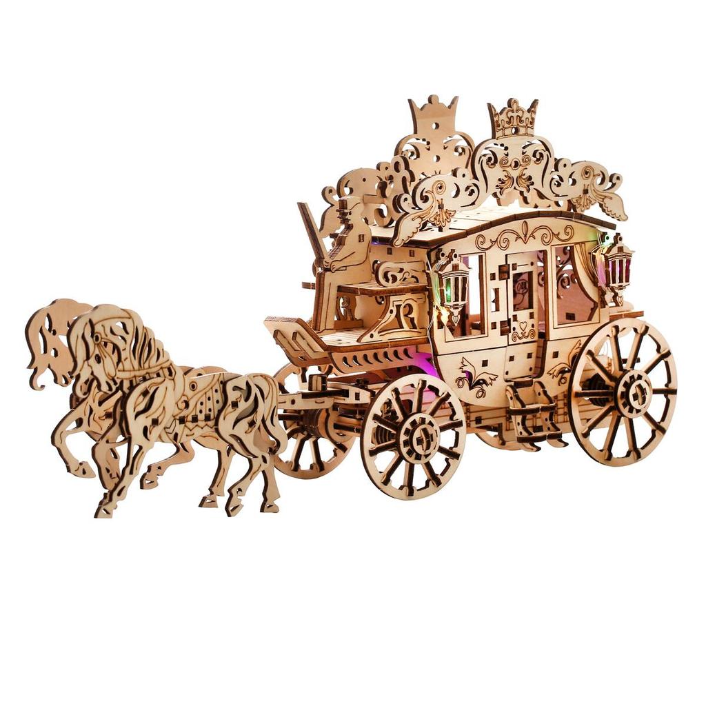 Rustic 3D Horse-Drawn Cart Assembly Kit - 3D Wooden Puzzle Diy Carriage Model, Tabletop Decor Craft With Night Light - Festive D