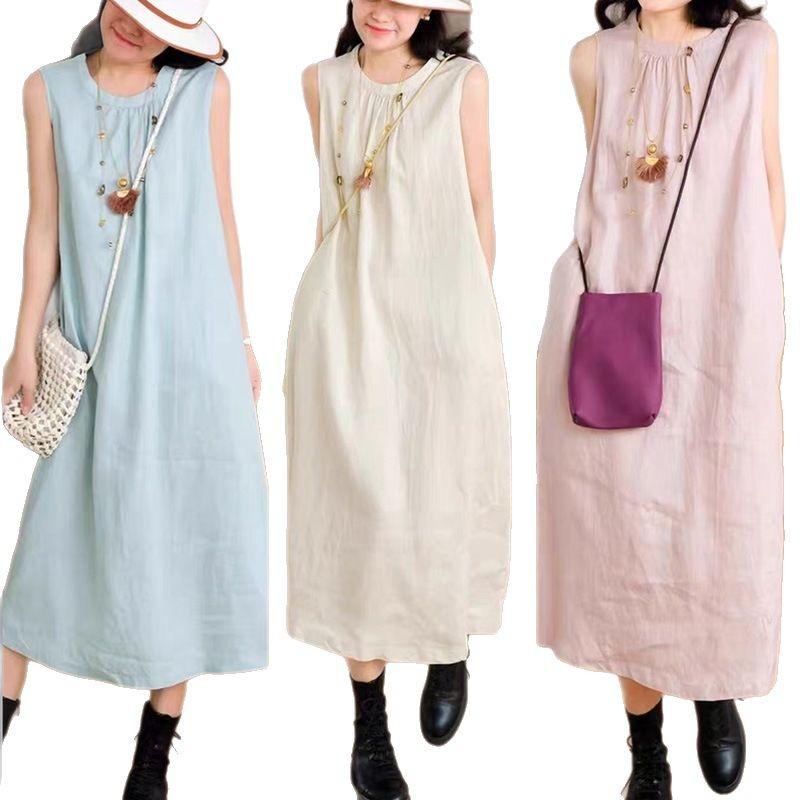 Solid color cotton and linen vest skirt women's 2025 summer new Fan loose medium and long round neck sleeveless dress