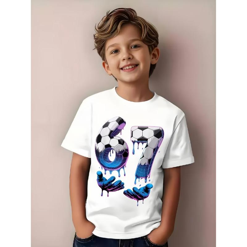 Boys Crew Neck Short Sleeve T-Shirt with Football Style Number 67 Print 110 белый