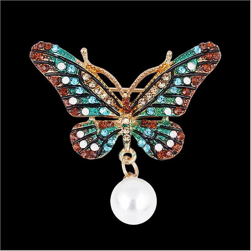 Hand-Painted Butterfly Brooch with Pearl Pendant  Micro-Inlaid Diamonds - Fashionable Insect Lapel Pin Zhenyao Jewelry