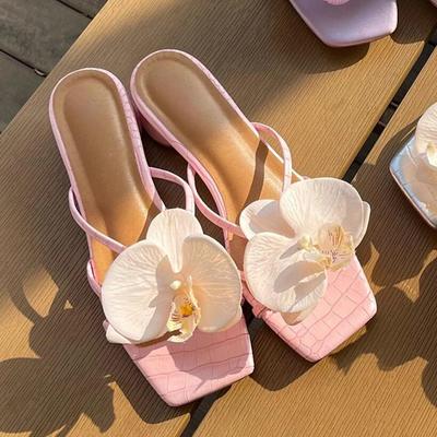 Sommer Damen Zehenfrei Dicke Ferse Pantoletten Mode Blume Strandurlaub Slides Lässig Outdoor Kleiderschuhe