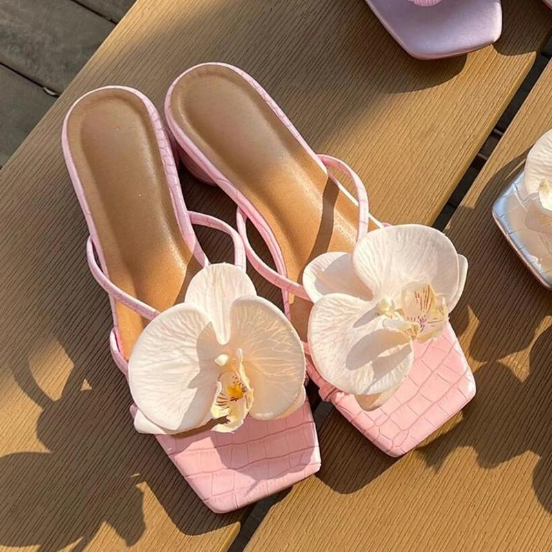 Fashion Summer Women's Open Toe Thick Heel Slippers Fashion Flower Beach Vacation Slides Casual Outdoor Dress Shoes