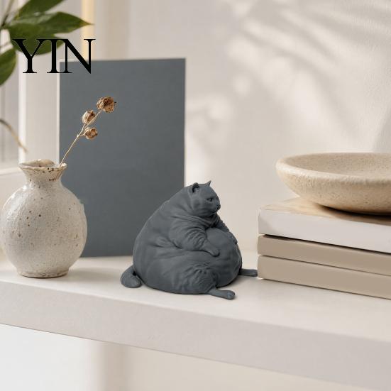 Sitting Cat Statue 3D Printed Fat Figurine, Modern for Durable Ornament Desk Decor, Animal Shape Collectible Ornament, Lovers Gift Small Sculpture