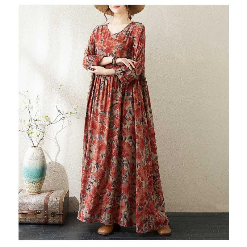 Round Neck Long Sleeve Loose Literary Vacation Style Plus Size Skirt