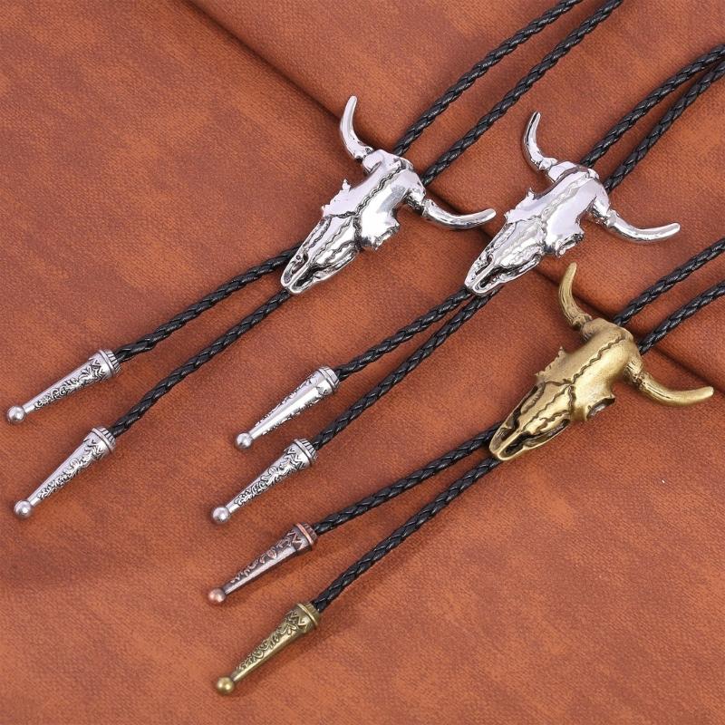 Elegant Black Bolo Tie with Bull Pendant Cowboy Bull Necktie Western Necklace Cool Bola-Tie Western Cowboy Costume