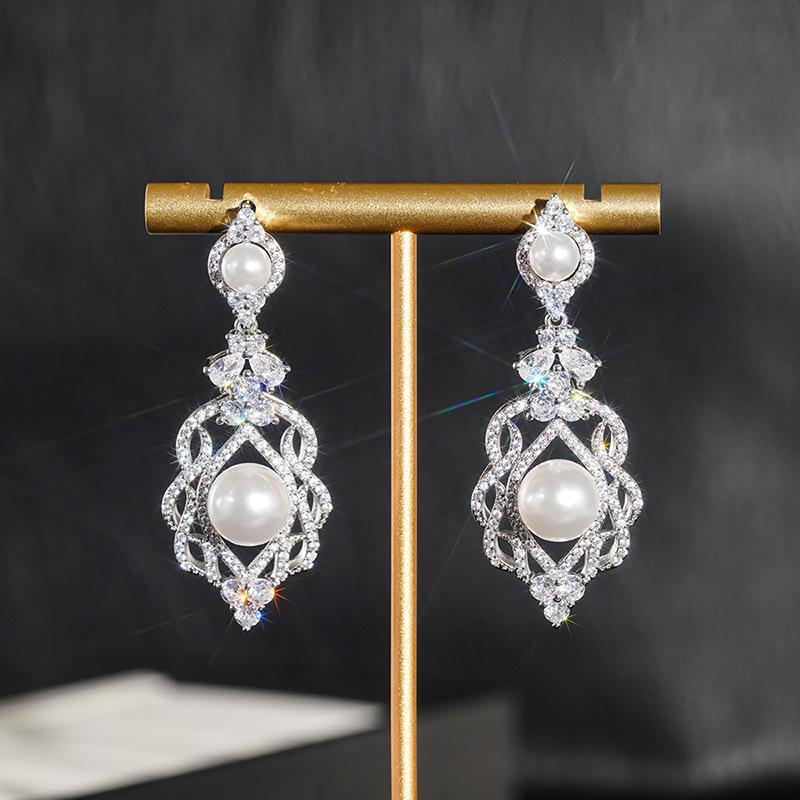 Ruili Magazine Bridal Earrings, Light Luxury Elegant Flower Imitation Pearl Zircon Earrings, Wedding Earrings