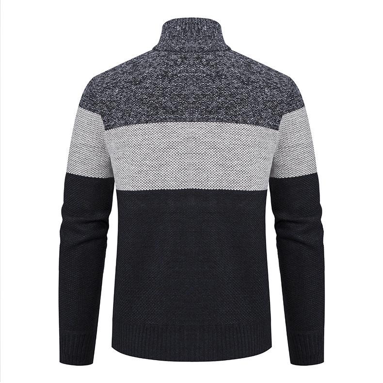 Men's Color Block Velvet-Lined Knit Cardigan with Stand Collar for Fall/Winter