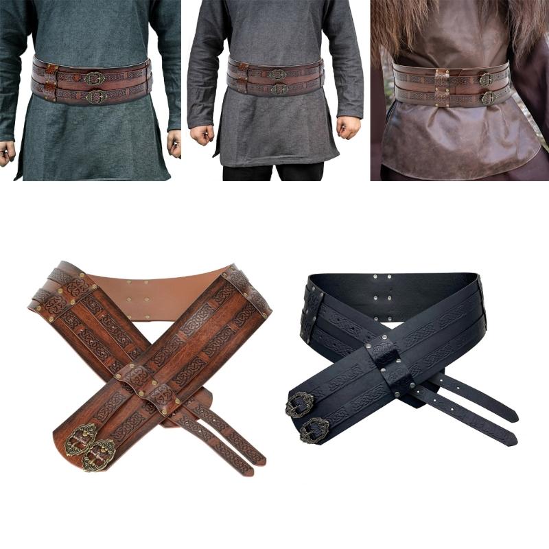 Embossed Viking Leather Wide Belt Knight Corsets Belt Renassance Medieval Buckle Belt Nordic Faux Leather Armors Belt