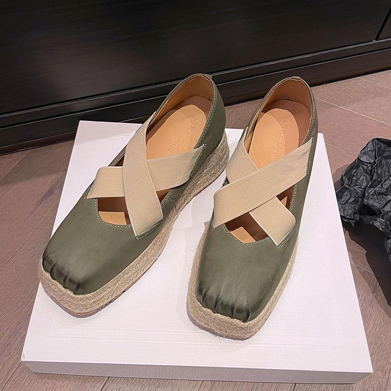 

Туфли на танкетке с квадратным носком, женские 2025 новые соломенные туфли на высоком каблуке, туфли-маффины для ношения с юбками, туфли-лодочки Мэри Джейн 39 зелёный