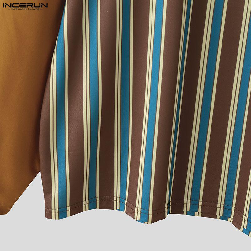INCERUN Oversized Men V Neck Long Sleeve Striped Print Casual Loose T-shirts Tops