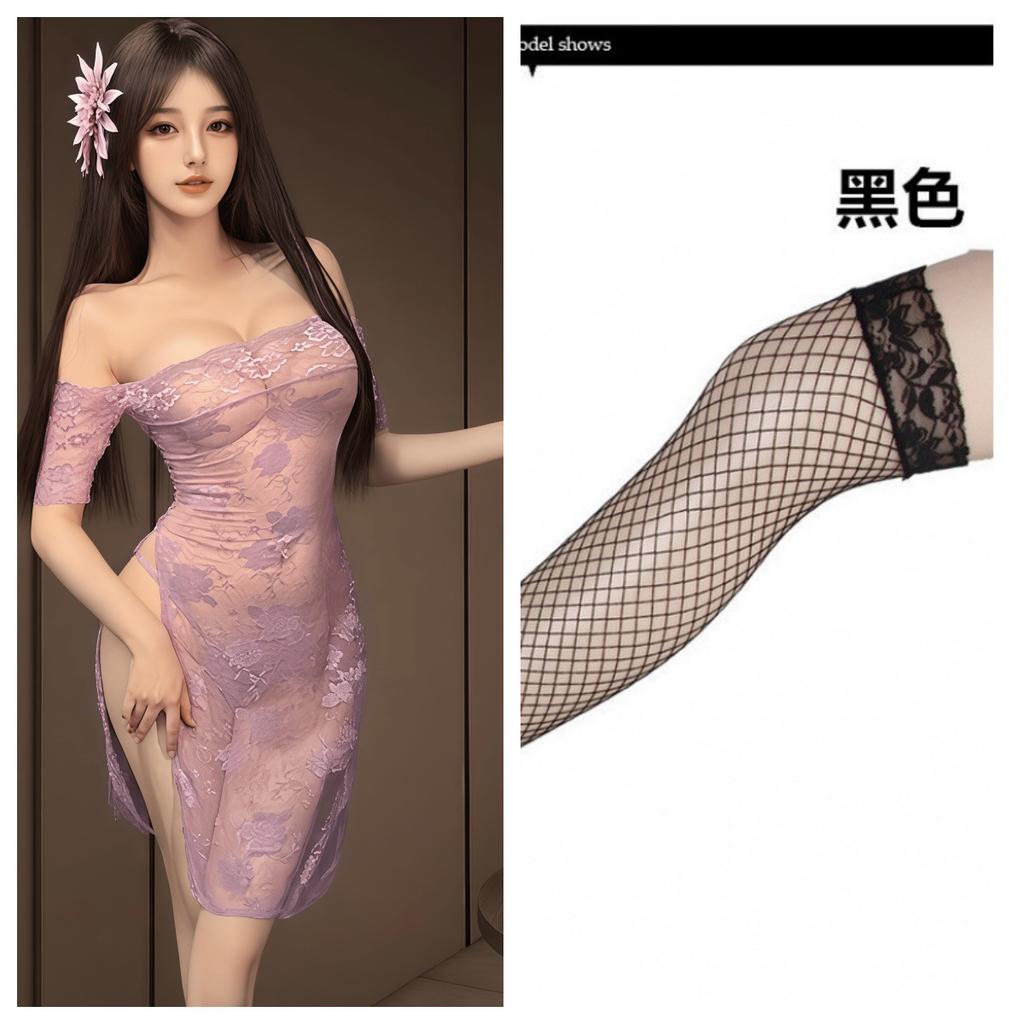 One-word shoulder perspective cheongsam erotic underwear female sexy pure desire to show buttocks free open-ended nightdress female hottie