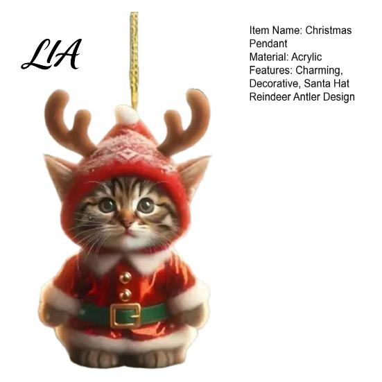 Christmas Car Rearview Mirror Accessories Santa Cat Ornament, Acrylic Hanging Decor with Kitten Pendants Reindeer Antlers, 2D Cute Bag Charm