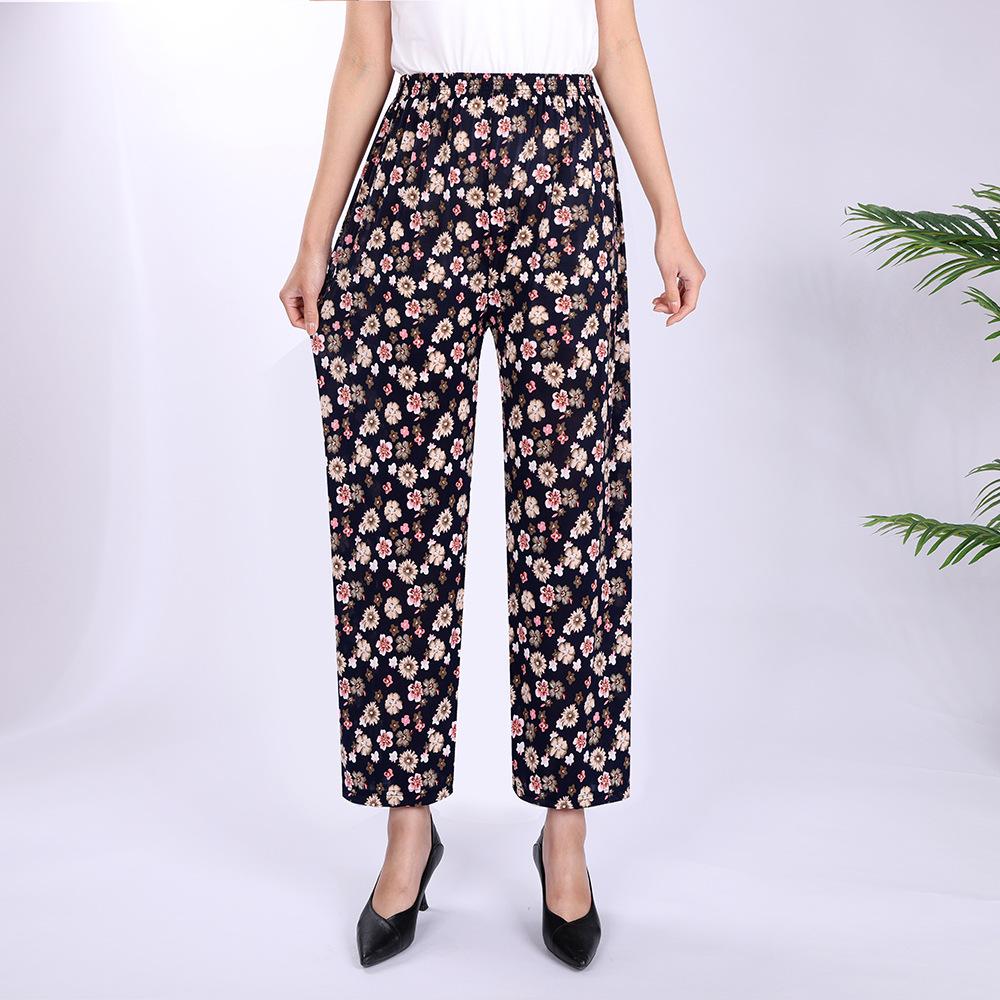 Pantaloni Casual Estivi da Donna Taglia Forte in Seta Ghiaccio Elasticizzata - Larghi, Vita Alta Elastica per Mezza Età e Anziani
