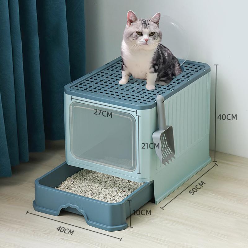 Cat Litter Box Large Enclosed With Lid And Scoop Foldable Design Top Exit Front Entry Odor Control Kitty Toilet Tray