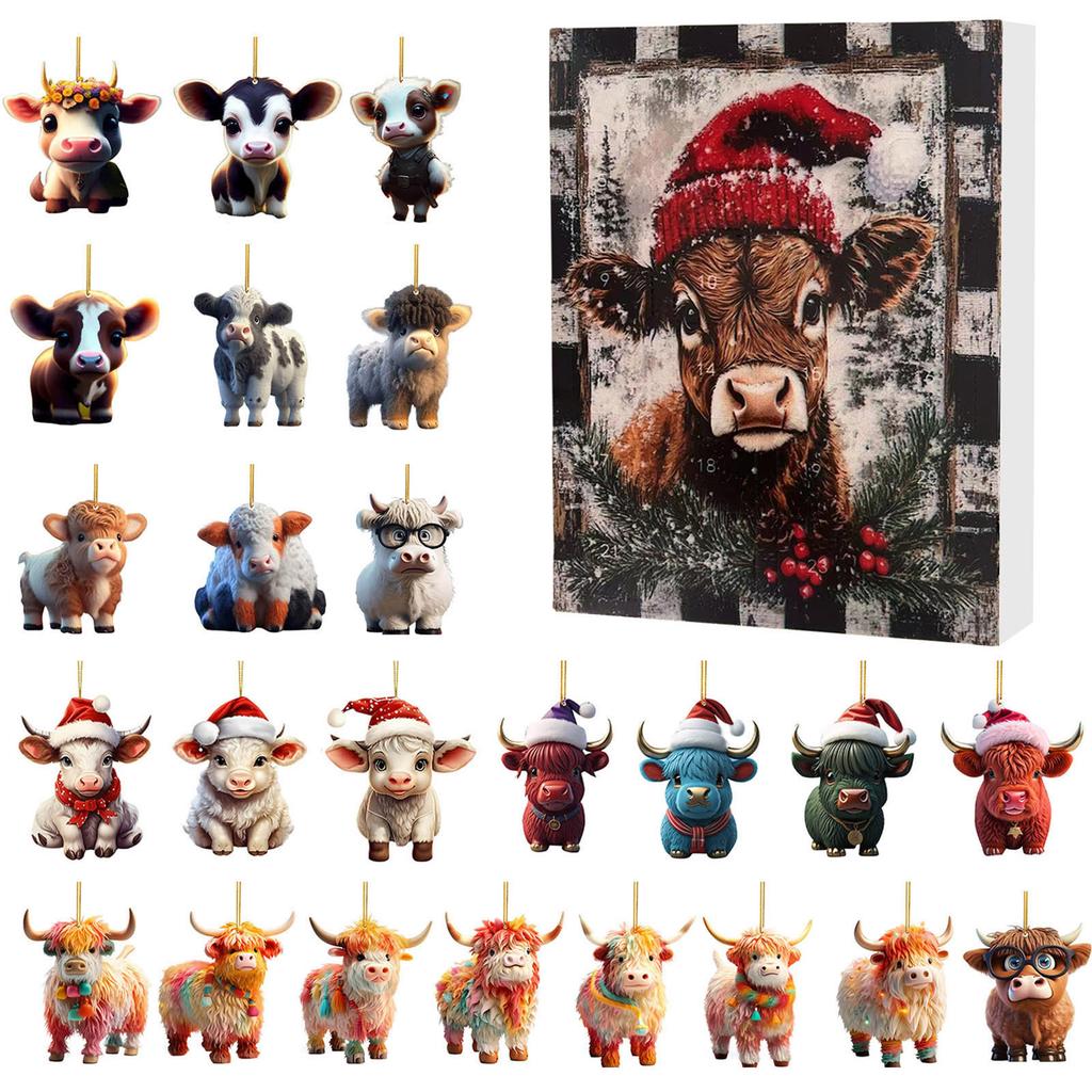 Christmas Advent Calendar 24 Pcs Highland Cow Ornaments 2D Acrylic Cute Animal Christmas Tree Decorations Xmas Countdown Gifts