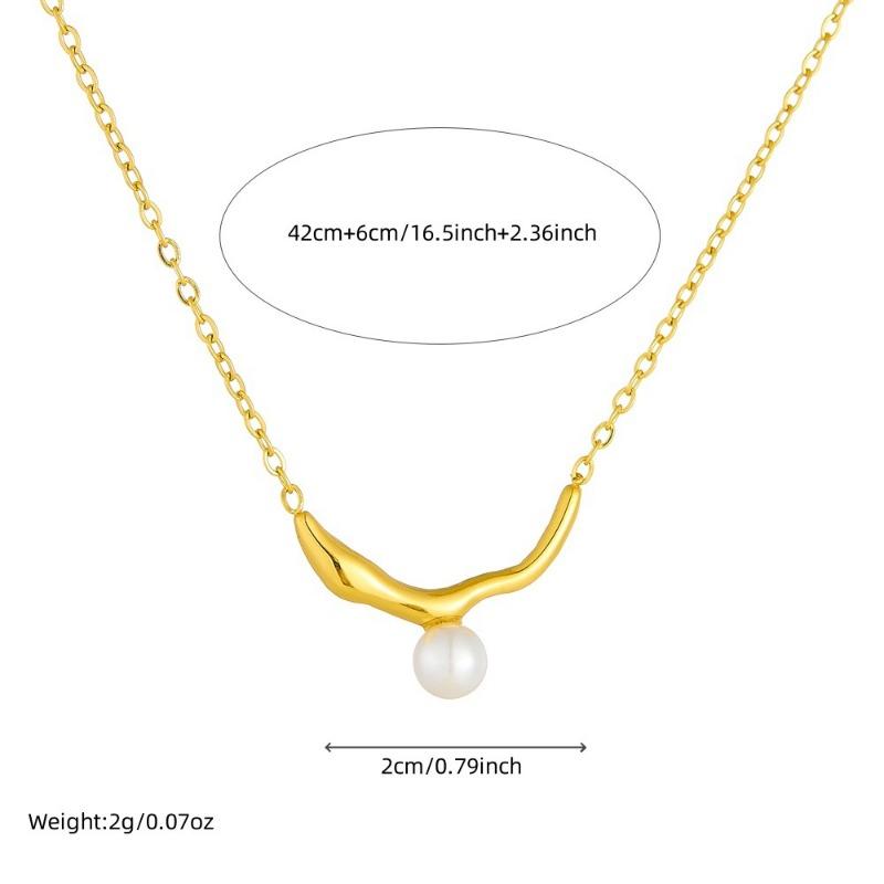 Gold Plated Antler Freshwater Pearl Pendant Necklace, Stainless Steel Dainty Choker, Waterproof Elegant Jewelry for Women Gift