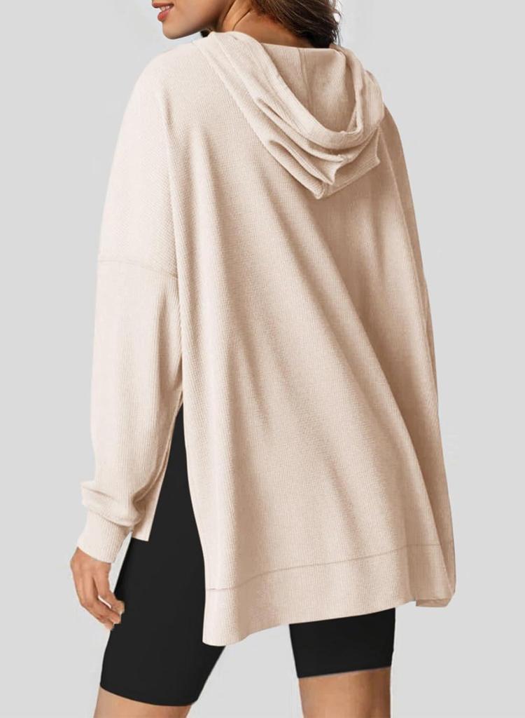 2024 Women's Hooded Waffle Knit Pullover Sweatshirt with Pocket, Long Sleeve, Autumn/Winter