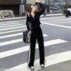 Korean-Style Sportswear: Wide-Leg Pants & Sporty Windbreaker Two-Piece Set