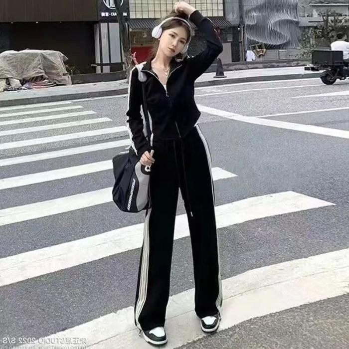 Korean-Style Sportswear: Wide-Leg Pants & Sporty Windbreaker Two-Piece Set