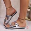 Fashion Fashion Silver Pu Metal Buckle Decoration Slip On Sandals Flat Heel Slides Women 2025 Summer Luxury Glitter Soft Sole Slippers